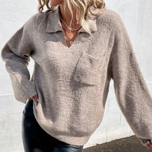 Khaki Casual Women's Pocket Front Drop Shoulder Sweater - Picture 3 of 6